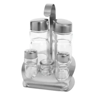 Set erëzash prej qelqi 5/1 për kripë, piper, uthull, vaj ulliri BR1004